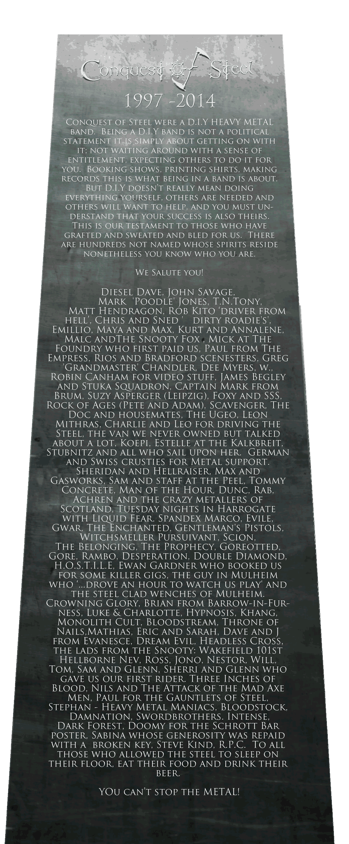obelisk bearing conquest of steel's obituary - to read it in plain text see the provided link